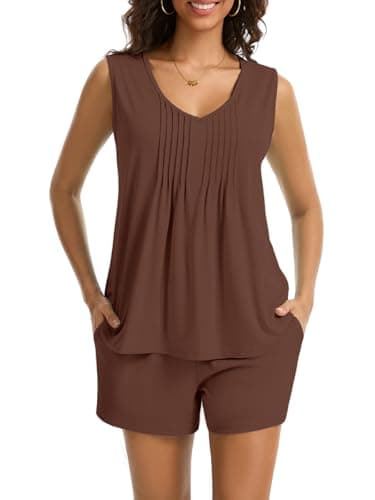 RAMOUG Women's Ribbed Two Piece Outfits Summer V Neck Tank Top Matching Lounge Shorts Set Casual Sports Short Sets with Pockets Brown L - Image 1