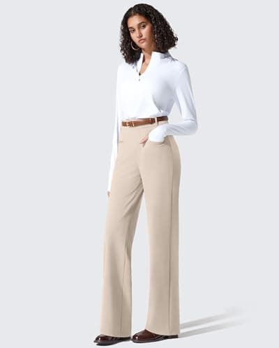 G4Free Women's Dress Pants with Pockets Straight Leg Yoga Work Stretchy Business Trousers Casual Slacks Belt Loops (L,Light Khaki,Petite) - Thumbnail 5