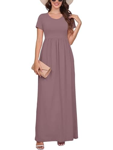 DEARCASE Maxi Dress for Women Flamingo Bean Paste Red Medium Crewneck Short Sleeves Wedding Guest A-line Casual Loose Party Vintage Spring Summer Beach Long Dresses with Pockets - Image 1