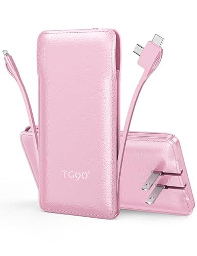 TG90° 10000mAh External Battery Pack with Built-in AC Wall Plug, Compact Cell Phone Portable Charger with Cables Power Bank Compatible with iPhone and Android Devices