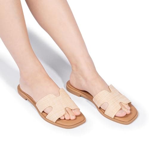 FITORY Women's Slide Sandals, Flat Fashion Square Open Toe with Cushion Slippers for Summer Beach Size 10 Raffia - Thumbnail 2