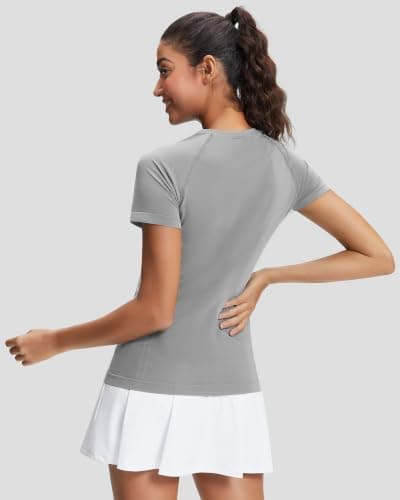 Stelle Women Seamless Workout Shirts Short Sleeve Athletic Top Yoga Gym Running T-Shirts(Grey,M) - Thumbnail 4