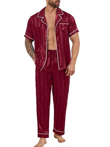 DEARCASE Mens Satin Silky Pajama Set Wine Red Stripe Medium Short Sleeve Soft Sleepwear Button Down Loungewear Long Pants with Pockets and Drawstring - Image 1
