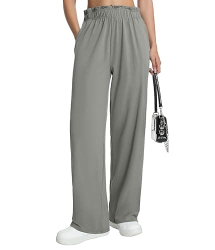 YOAKUKA Women's Wide Leg Pants Casual Elastic Waist Trousers Loose Flowy High Waisted Yoga Pants with Pockets Light Gray - Image 1