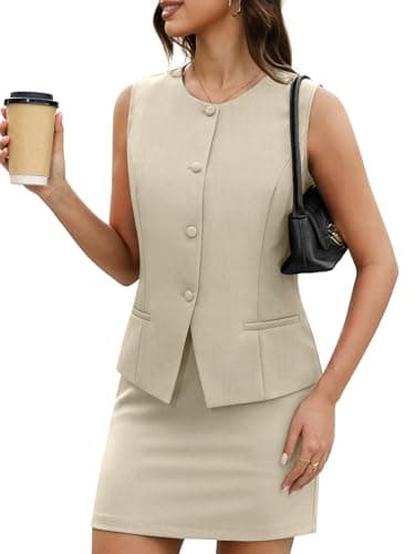 Casly Lamiit Two Piece Blazer Outfits for Women Summer Vest Suits Set Skirt with Shorts Skort Button Down Business Dressy Casual Wear Beige XL - Image 1