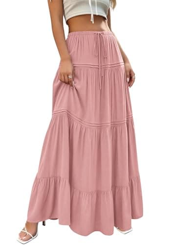 BTFBM Spring Skirts for Women 2026 Summer Boho Beach Vacation Clothes Casual Pleated High Waisted Flowy Maxi Skirt(Pink, X-Large) - Thumbnail 6