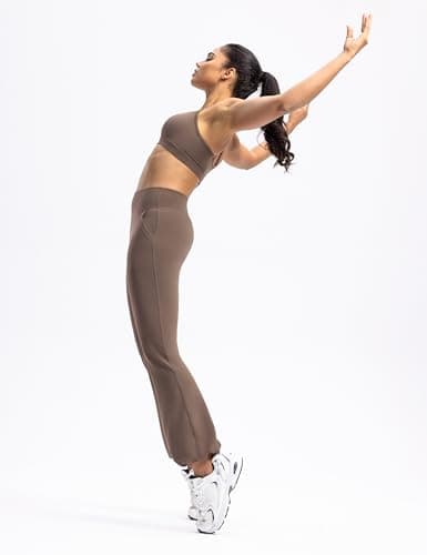 POSHDIVAH Women's Creamluxe Flare Cuffed Leggings Regular High Waisted Yoga Joggers Pants Lounge Casual Workout Sweatpants with Pockets Mocha Mousse Medium - Thumbnail 5