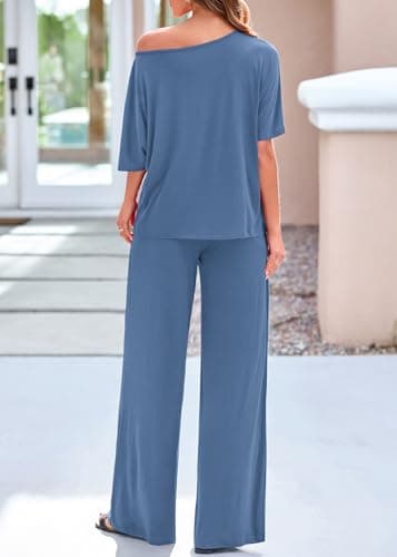KIRUNDO Lounge Sets for Women Airport Travel Outfit 2026 Summer Off the Shoulder Tops Wide Leg Pants 2 Piece Matching Set(Blue, XX-Large) - Thumbnail 2