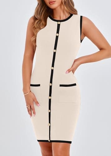 KIRUNDO Women's Work Business Casual Dress 2026 Summer Cocktail Semi Formal Office Elegant Classy Knit Color Block Dresses(Beige, X-Large) - Thumbnail 5