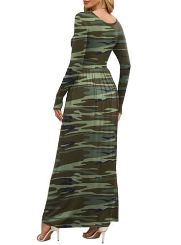DEARCASE Maxi Dress for Women Camouflage Green Small Round Neck Boho Long Sleeve Wedding Guest A-line Casual Hawaiian Empire Waist Flowy Spring Fall Winter Floor Dresses with Pocket - Thumbnail 2
