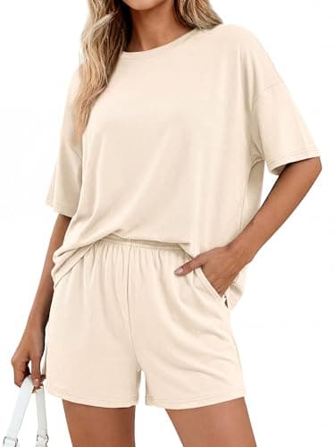 BTFBM 2 Piece Lounge Sets For Women 2026 Summer Airport Travel Vacation Outfits Loose Matching Clothing Spring Short Set(Beige, Medium) - Thumbnail 4