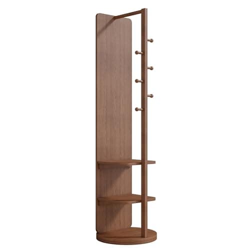 BOWEI Solid Wooden Coat Rack, Free Standing Coat Stand with Full Length mirror, Hall Coat Tree with Hooks and Storage Shelf for Coats, Hats, Bags, for Entryway, Hallway, Bedroom (Walnut) - Thumbnail 6