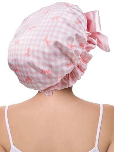 Vettres Cute Adjustable Silk Bonnet for Sleeping Double Layer Satin Cap Hair Sleep Bonnet for Curly Hair Pink White Bow - Thumbnail 4