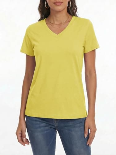 LaGracia Women's Cotton T Shirt V-Neck Short Sleeve Shirt Classic-Fit Casual Breathable Tee Summer Basic Tops Yellow M - Thumbnail 3