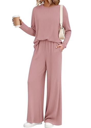 KIRUNDO Spring 2 Piece Lounge Sets for Women Long Sleeve Ribbed Knit Tops Wide Leg Pants Matching Travel Outfits Postpartum(Pink, Medium) - Image 1