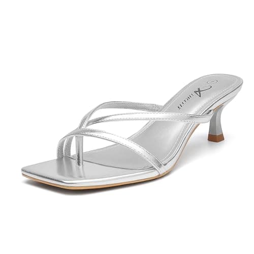 Athlefit Women's Strappy Kitten Heels Flip Flops Square Open Toe Low Heels Fashion Party Dress Shoes Thong Heeled Sandals Silver Size 6.5 - Image 1