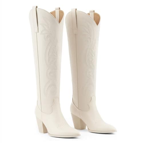 WIRALOMI Women Fashion Cowboy Cowgirl Boots Chunky Block Heel Western Knee High Boots Pull On High Heel Boots - Thumbnail 4