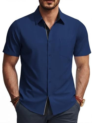 PJ PAUL JONES Mens Formal Shirts Casual Short Sleeve Business Dress Shirt Lightweight Summer Button Down Shirt Navy Blue XXL - Image 1