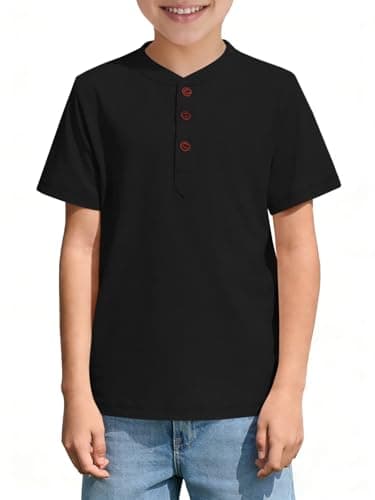 ZDC Boys Short Sleeve Henley Shirt Kids Casual Button Up Summer Tshirts Tees Tops 5-14 Years Black - Image 1