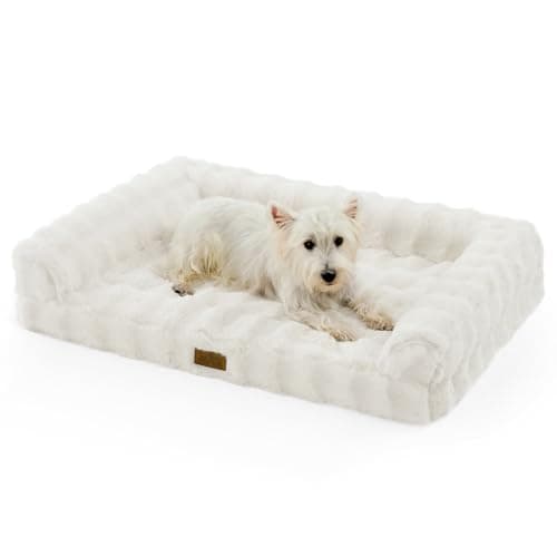 COZY KISS Faux Rabbit Fur Orthopedic Dog Bed, Dog Bed for Large Size, Supportive Foam Pet Sofa with Waterproof Lining Cover, Washable U-Shaped Pet Couch with Anti-Slip Bottom, Beige L 36x27x6.5 inch - Image 1