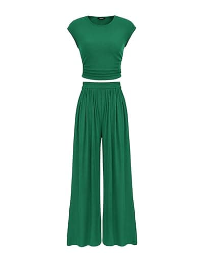 PRETTYGARDEN Women's Summer 2 Piece Outfits 2026 Cap Sleeve Ruched Slim T Shirt Ribbed Knit Wide Leg Pant Sets Tracksuit(Green,Small) - Image 1