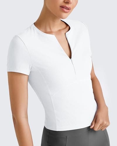 G4Free Womens Short Sleeve Tops Workout Quarter Zip Shirts Athletic Stretchy Slim Fit Ribbed Comfy Lightweight Gym Yoga Top (White,L) - Thumbnail 2