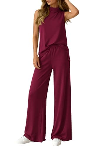 BTFBM 2 Piece Outfits For Women Airport Travel Summer 2026 Loose Mock Neck Sleeveless Wide Leg Pants Workout Lounge Sets(Burgundy, Small) - Image 1