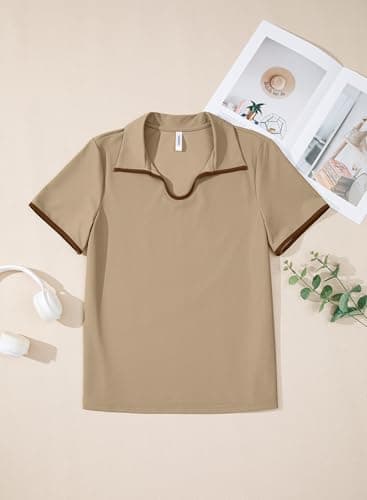 Dokotoo Womens Tops Polo Shirts for Women Summer Workout Quick Dry Tennis Shirt Collared V Neck Short Sleeve Golf Shirts Lightweight Exercise Comfortable Tee Shirts Women's Clothing Khaki Tshirts M - Thumbnail 3