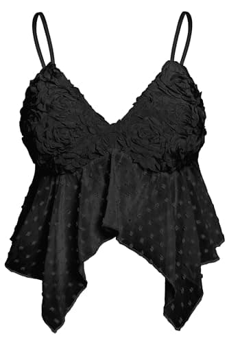 AIMISHI Sexy 3D Flower Crop Top for Women Y2K V Neck Tank Tops Spaghetti Strap Ruffle Camisole Summer Going Out Outfits Black X-Large - Image 1
