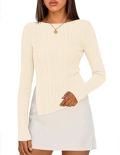 MEROKEETY Women's Fall Long Sleeve Sweater Tops 2025 Boat Neck Ribbed Asymmetric Lightweight Knit Shirts, Beige, Medium - Image 1
