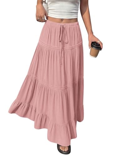 BTFBM Spring Skirts for Women 2026 Summer Boho Beach Vacation Clothes Casual Pleated High Waisted Flowy Maxi Skirt(Pink, X-Large) - Thumbnail 5