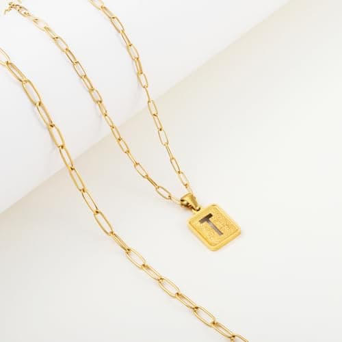 LETFLY Initial Gold Necklaces for Women, 18K Gold Plated Letter Layering Necklace Square Shaped Pendant with Adjustable Paperclip Chain for Womens Jewelry Gifts Alphabets T - Thumbnail 5