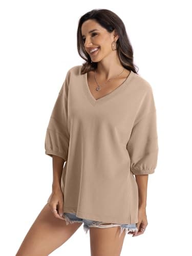 EasyGala Womens Cotton V Neck Sweatshirt 3/4 Sleeve Slouchy Fit Going Out Tops Trendy Side Slit Work Shirt Casual Fall Lightweight Outfits Y2K Winter Clothes 2025 Coffee Grey Medium - Thumbnail 5