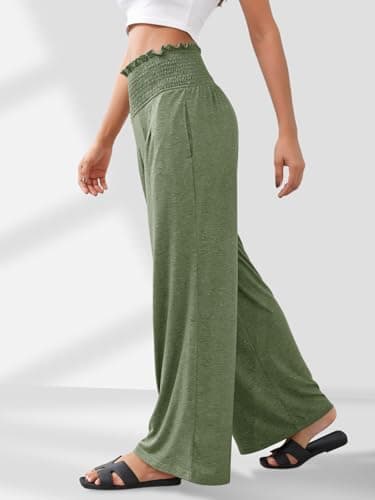 GEMLON Womens Pants High Waisted Palazzo Pants Wide Leg Long Pant Casual Lounge Trousers with Pocket(Green,S) - Thumbnail 3