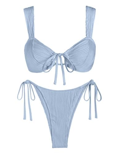 seamoly Womens Bikini Stretchy Straps Padded Swimsuit Ribbed Cutout Swimwear Tie Side Thong Bathing Suit Light Blue Large - Image 1