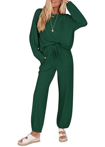 KIRUNDO Lounge Sets for Women 2026 Spring Airport Travel Outfits Ribbed Knit Tops Jogger Pants Tracksuit Postpartum Comfy Set(Dark Green, XX-Large) - Image 1