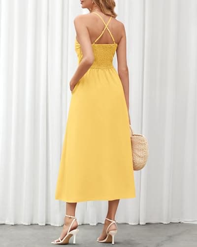 BTFBM Women 2026 Spaghetti Strap Midi Summer Dresses Sleeveless V Neck Cutout Slit Casual Beach Party Maxi Dress Pockets(Yellow, Large) - Thumbnail 5