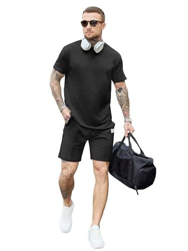 JEMLDL Men's Black 2 Piece Loungewear Set Short Sleeve T-Shirt & Shorts Summer Outfits Casual Comfortable Clothes for Vacation Travel L - Thumbnail 5