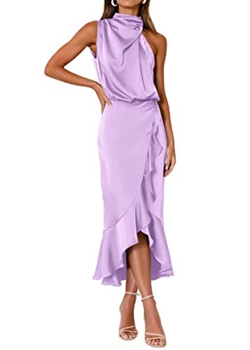 KIRUNDO Women 2026 Spring Summer Satin Mock Neck Wedding Guest Party Cocktail Midi Dress Sleeveless Wrap Ruffle Formal Dress(Purple, XX-Large) - Image 1