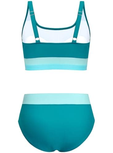 Alakuoti Girls Swimsuit Color Block Adjustable Straps Bikini Sets Teen Girl Two Piece Bathing Suits with Chest Pad Size 10 Dark Green - Thumbnail 2