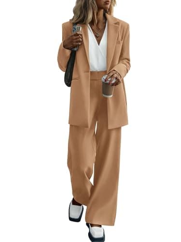 KIRUNDO Women Suits 2 Piece Set Business Casual Dressy Oversized Blazer Jacket and Wide Leg Dress Pantsuits Formal Outfits(Khaki, Large) - Image 1