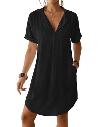 Bsubseach Shirt Swimsuit Coverup for Women Short Sleeve Bathing Suit Cover Up V Neck Beach Dress Summer Outfit Resort Wear Black S - Image 1