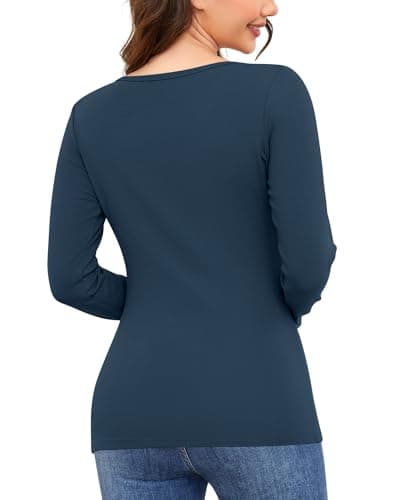 Ganado Long Sleeve Shirts for Women V Neck Thermal Shirt Layering Undershirts Plain Fitted Basic Tops (Dark Blue, XX-Large) - Thumbnail 2