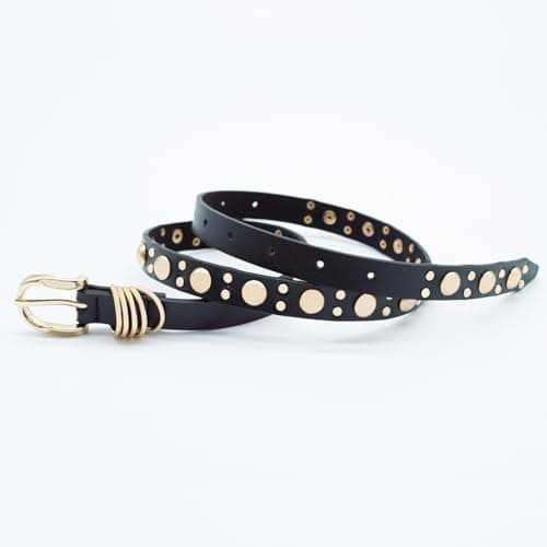 EONTISO Women Studded Leather Belt for Jeans, Punk Fashion Gold Rivets, Skinny Gold Black M - Thumbnail 5