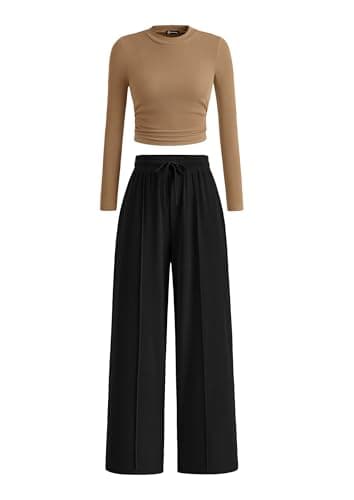 PRETTYGARDEN Women's 2 Piece Sets 2026 Fall Long Sleeve Crop Tops Wide Leg Pants Matching Outfit Tracksuits Spring Clothes (Camel Black,X-Large) - Image 1