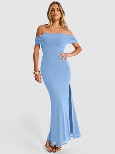 Caracilia Women’s Off Shoulder Maxi Wedding Guest Dress Summer Bodycon High Split Mesh Formal Cocktail Evening Party Dresses Blue Small - Thumbnail 3