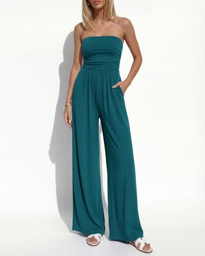 BTFBM Jumpsuits For Women Summer 2026 Beach Vacation Strapless Tube Top Jumpsuit Ruched Casual Wide Leg Pant Rompers(Blue Green, X-Large) - Thumbnail 2