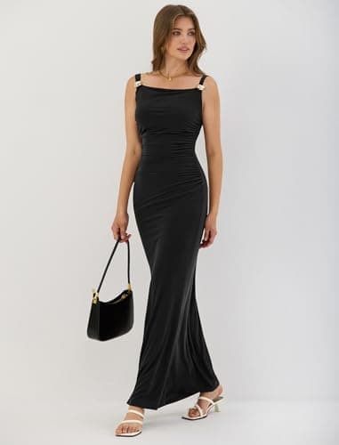 ZAFUL Black Formal Dresses for Women's Sexy Wedding Guest Dress Sleeveless Cocktail Floral Mesh Ruched Bodycon Maxi Party Long Dresses Sexy - Thumbnail 3