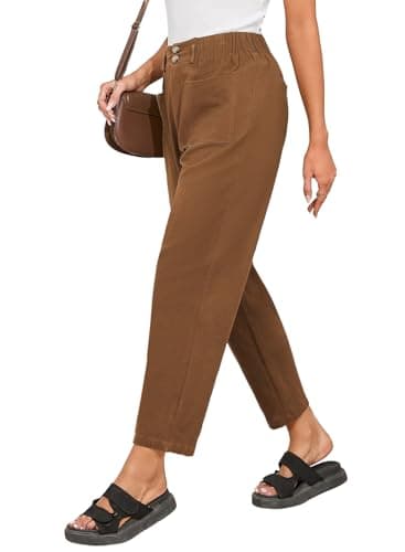Dokotoo Womens Linen Pants Women 2026 Fashion Business Summer Capri Pants Travel Outfits for Women High Waisted Trouser Flowy Breathable Lady Slacks Basic Cotton Fall Clothes Palazzo Chestnut 2XL