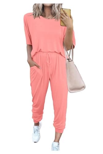 PRETTYGARDEN Women's Two Piece Lounge Sets 2025 Spring Summer Jogger Pants Vacation Outfits Travel Airplane Matching Clothes (Pink,XX-Large)